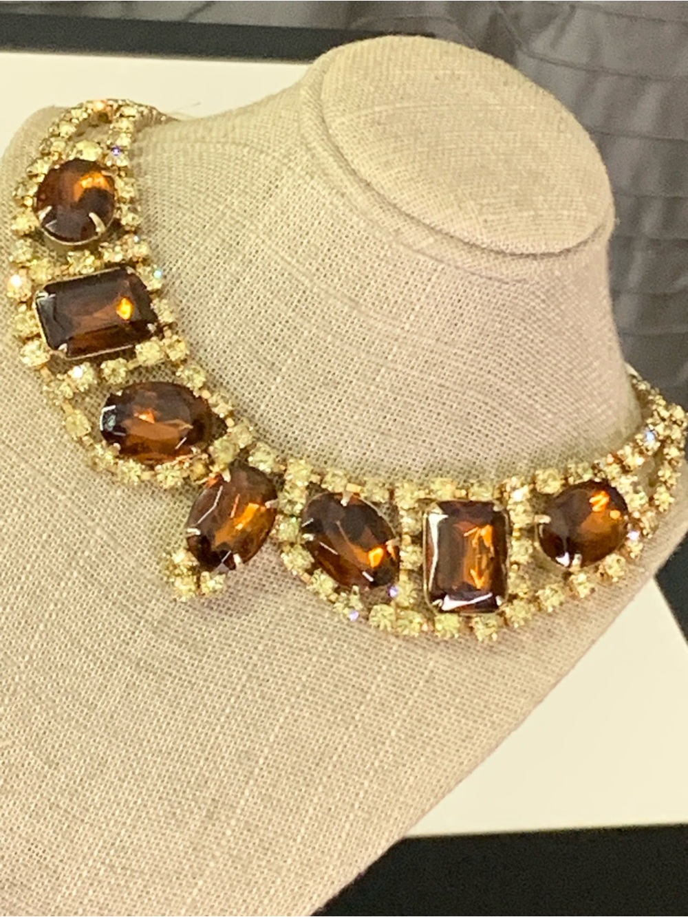 Vtg Mid-Century Citrine Topaz Rhinestone Gold Plated Bib Statement Necklace 14”
